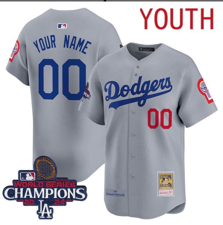 Youth MLB Los Angeles Dodgers Custom grey 2024 World Series Champions Patch Cooperstown Jersey->customized mlb jersey->Custom Jersey